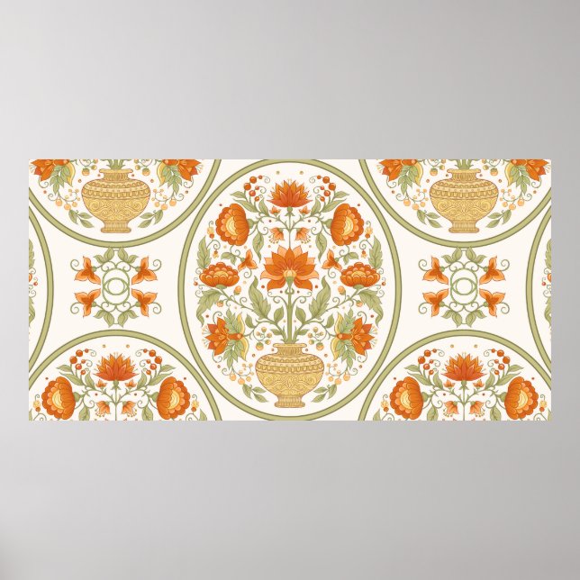 Affiche Motif mughal traditionnel, fleurs d'imaginaire rét (Devant)