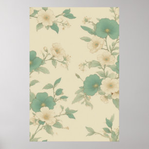 Affiche Motif Pastel Turquoise et crème Floral
