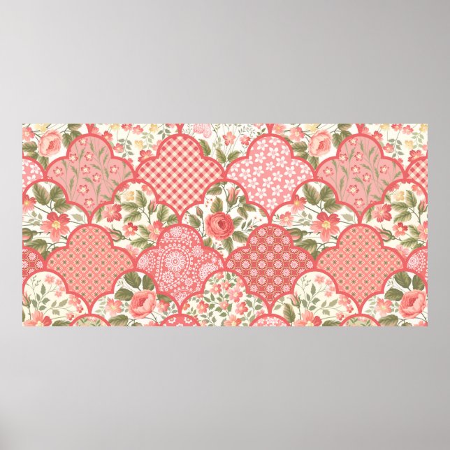 Affiche motif patchwork floral sans couture avec des roses (Devant)