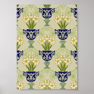 Affiche Motif répété de vase à narcisse Art Nouveau vintag