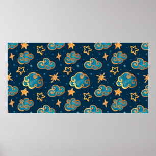 Affiche Motif sans couture à l'aquarelle avec la lune, les