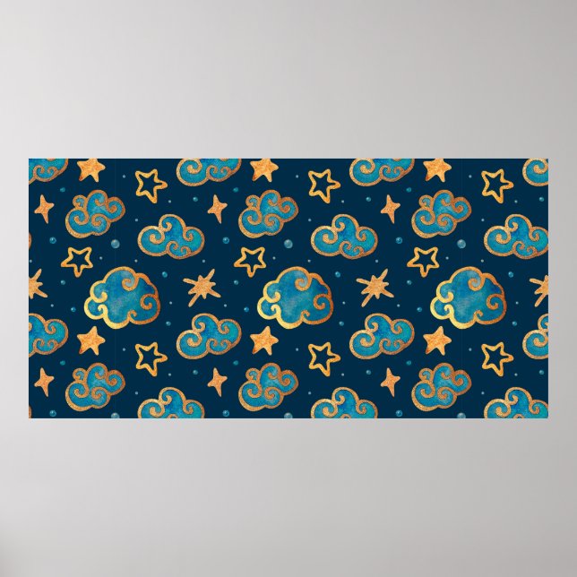 Affiche Motif sans couture à l'aquarelle avec la lune, les (Devant)