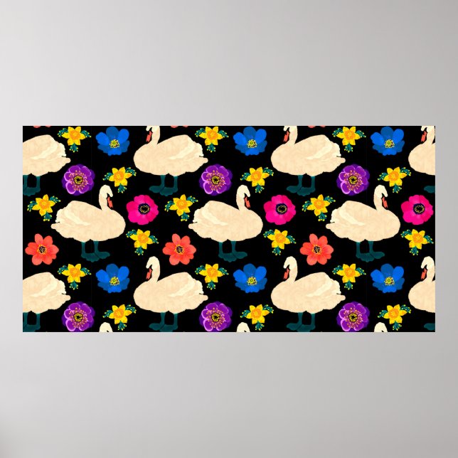 Affiche Motif sans couture avec cygnes et fleurs, dessiner (Devant)