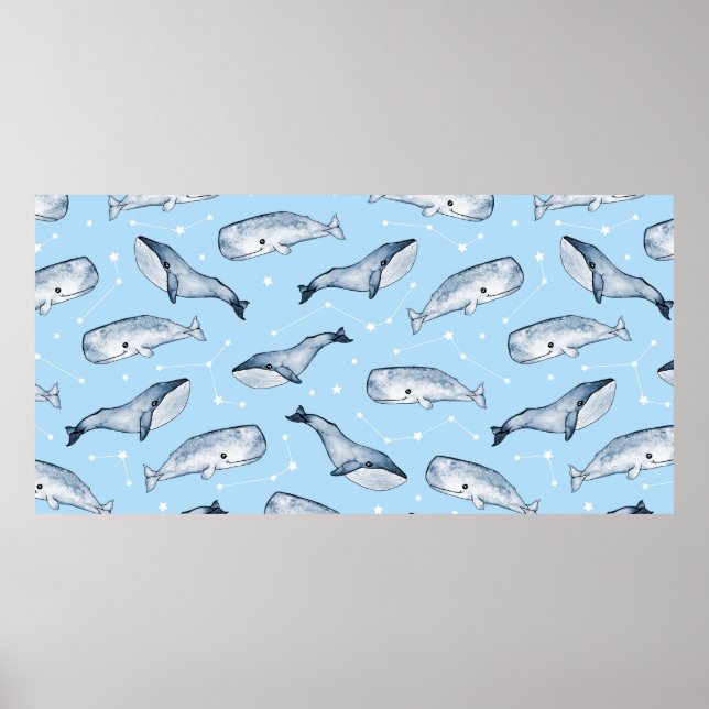 Affiche Motif sans couture avec des baleines et des étoile (Devant)