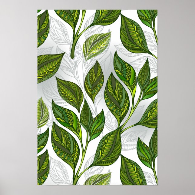 Affiche Motif sans couture avec Feuilles de thé vert (Devant)