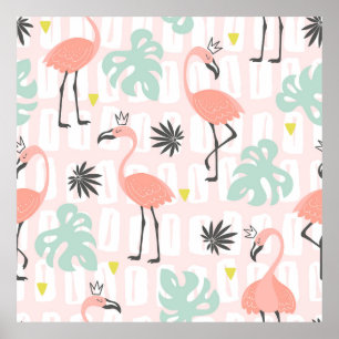 Affiche Motif sans couture avec flamants roses et feuilles