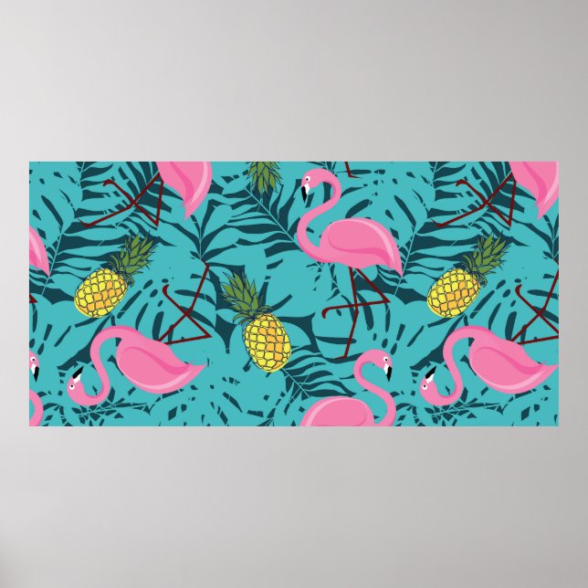 Affiche Motif sans couture avec flamants roses et vert pal (Devant)