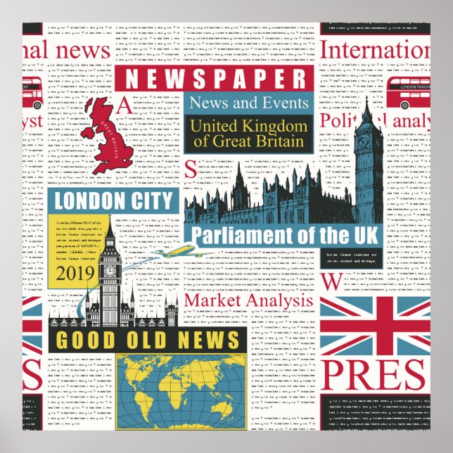 Affiche motif sans couture avec journal britannique ou lon (Devant)
