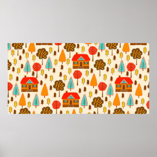 Affiche Motif sans couture avec maisons dans la forêt. Vin