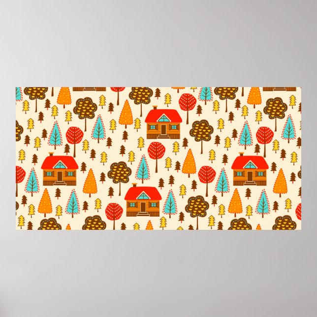 Affiche Motif sans couture avec maisons dans la forêt. Vin (Devant)