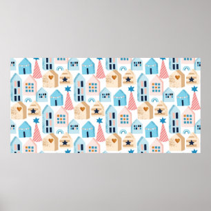 Affiche Motif sans couture avec maisons scandinaves sur bl