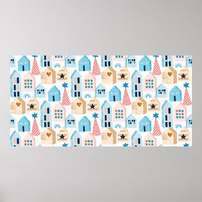 Affiche Motif sans couture avec maisons scandinaves sur bl (Devant)