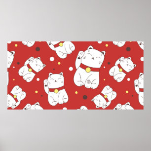 Affiche Motif sans couture avec Maneki-Neko chat dessiné à