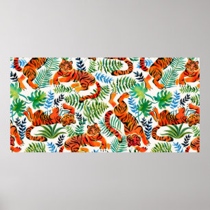 Affiche Motif sans couture avec peint en tigres aquarelles