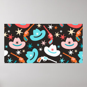 Affiche Motif sans couture avec revolvers, casquettes cowb