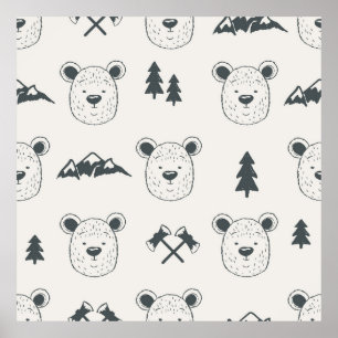 Affiche Motif sans couture avec tête d'ours, ours, mou
