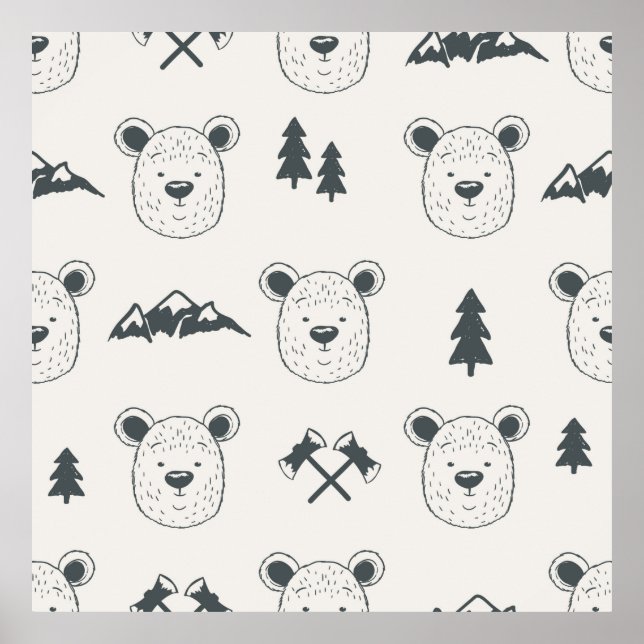 Affiche Motif sans couture avec tête d'ours, ours, mou (Devant)