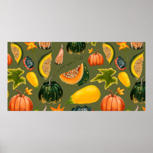 Affiche Motif sans couture de citrouilles et de feuilles s