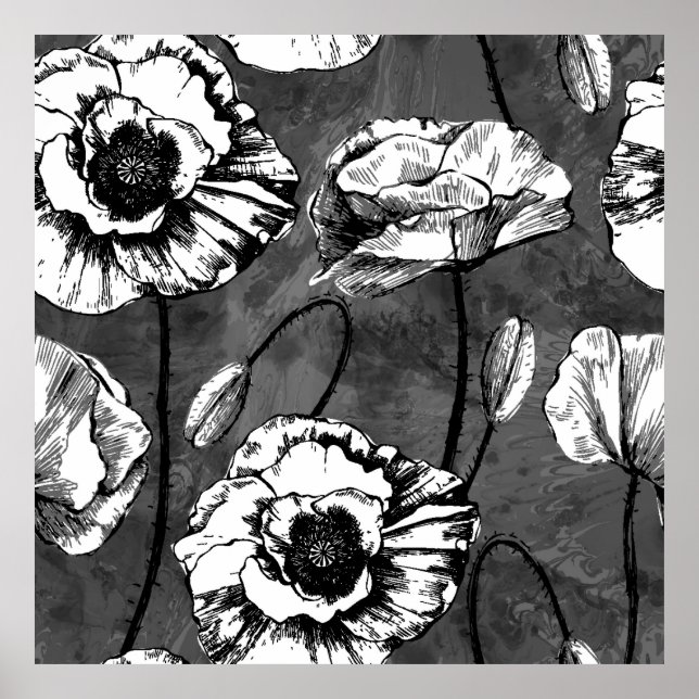 Affiche Motif sans couture de pavots noirs et blancs. Illu (Devant)