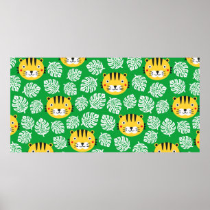 Affiche Motif sans couture de tigre avec feuilles tropicau
