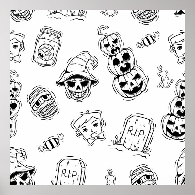 Affiche Motif sans couture des icônes d'halloween avec tir (Devant)