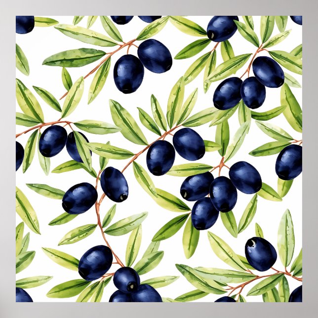 Affiche Motif sans couture d'olives noires à l'aquarelle é (Devant)