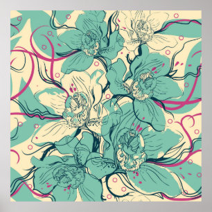 Affiche  motif sans couture fleurie avec orchidées bleues,