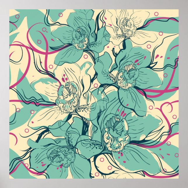 Affiche motif sans couture fleurie avec orchidées bleues, (Devant)