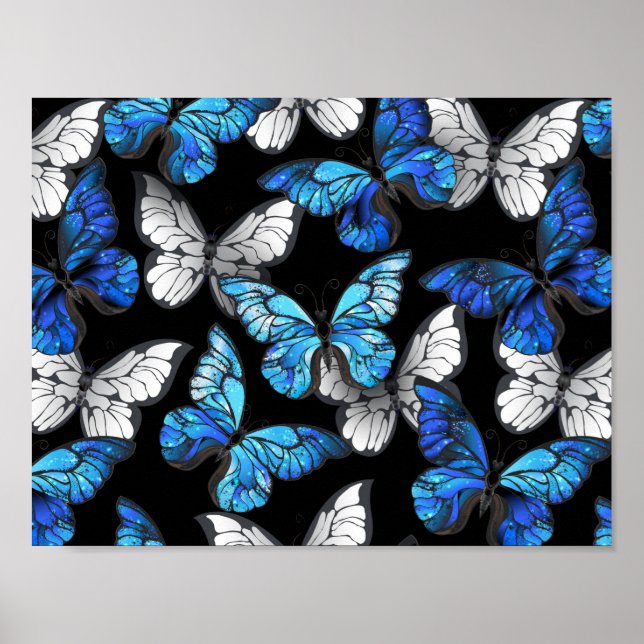 Affiche Motif sans couture foncé avec papillons bleus Morp (Devant)