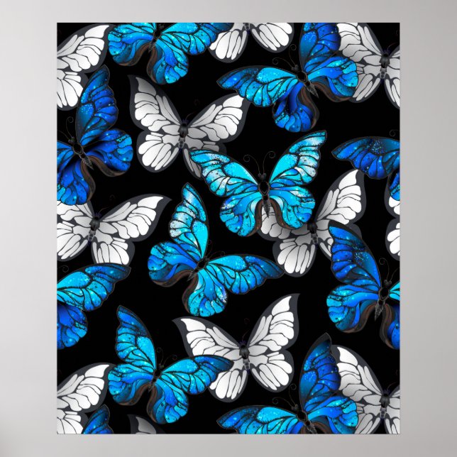 Affiche Motif sans couture sombre avec papillons bleus Mor (Devant)