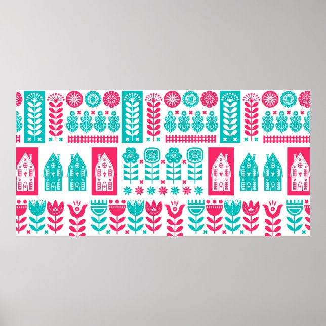 Affiche motif scandinave d'art populaire sans couture vint (Devant)