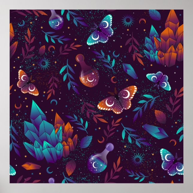 Affiche Motif transparent avec papillon spatial, cristaux, (Devant)