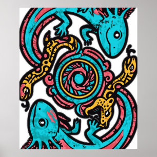 Affiche Motif tribal aztèque axolotl Xolotl mythologie boh