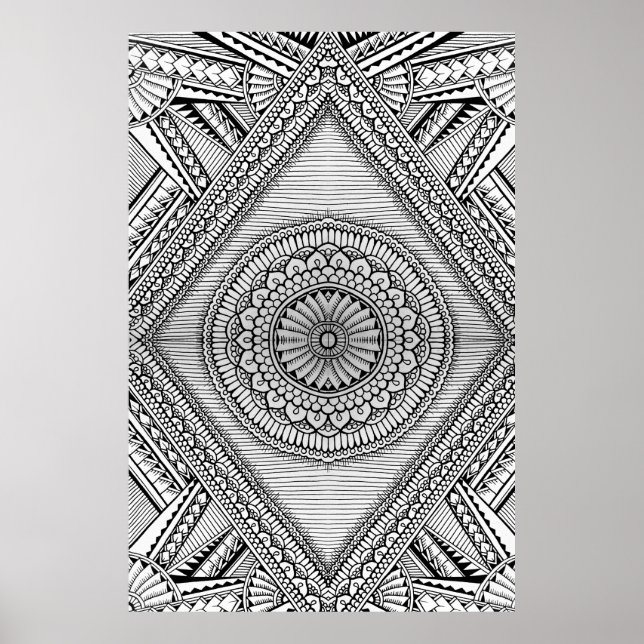 Affiche Motif tribal Mandala en noir et blanc (Devant)