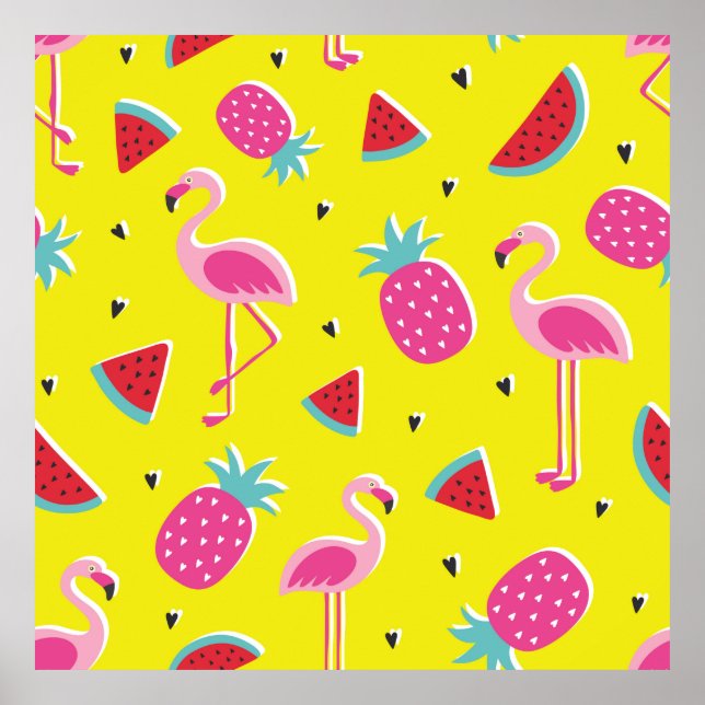 Affiche motif tropical à ananas rose, flamants roses, w (Devant)