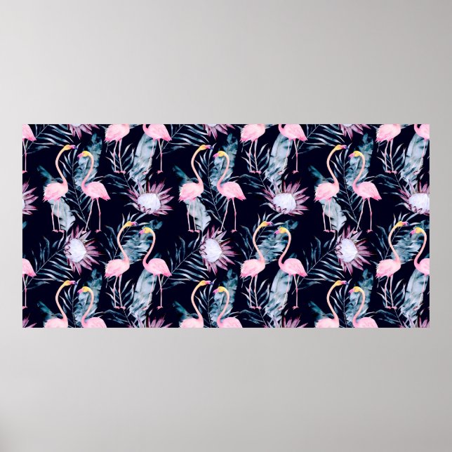 Affiche motif tropical Abstrait avec flamant, protéa, l (Devant)