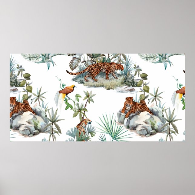Affiche Motif tropical aquarelle avec un léopard, (Devant)