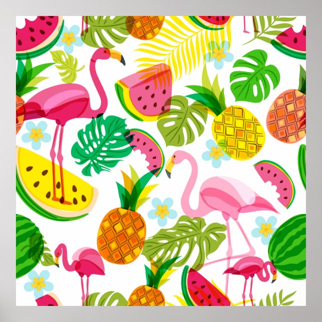 Affiche Motif tropical sans couture avec flamant rose, pal (Devant)