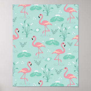 Affiche Motif vert Flamants roses rose Pastel