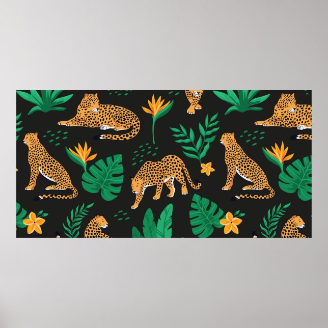 Affiche Motif vintage aux léopards et feuilles tropicaux  (Devant)
