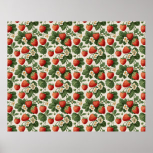 Affiche Motif Vintage Fraise avec Fleurs