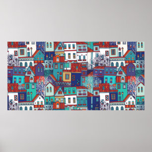 Affiche Motif vintage sans couture avec maisons colorées