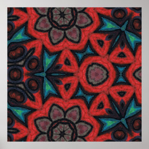 Affiche Motifs floraux mandala en kaléidoscope rouge et bl
