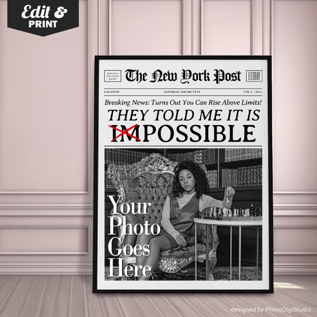 Affiche motivante de journal personnalisé C'est po (Custom "Impossible" Wall Art | Motivational Personalized Photo Print)
