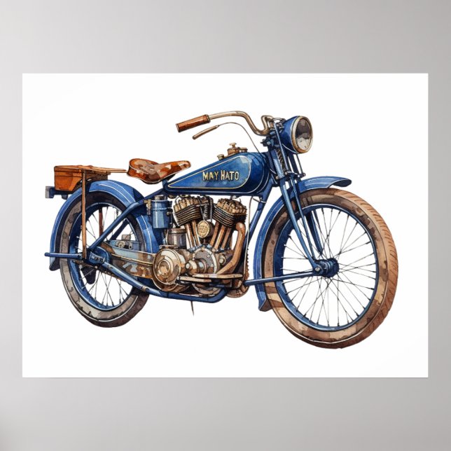 Affiche Moto bleu Vintage Aquarelle (Devant)