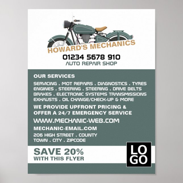 Affiche Motocyclette classique, mécanique automobile et ré (Devant)