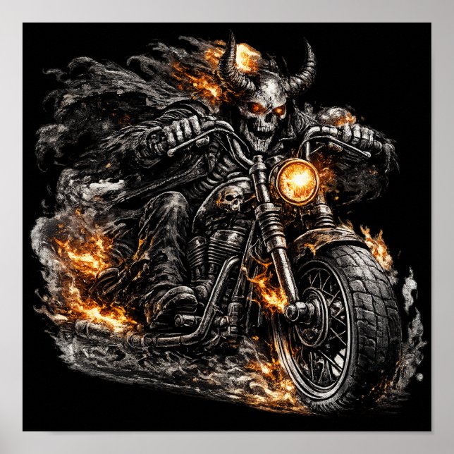 Affiche Motocyclette de motard Crâne démoniaque (Devant)