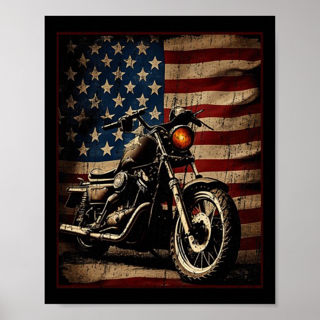 Affiche Motocyclette Drapeau Usa Rétro Biker  (Devant)