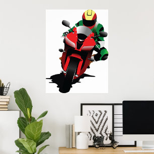 Affiche Motocycliste Sur Une Moto Rouge