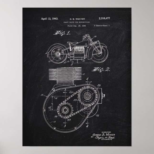 Affiche Motorcycle Shaft Drive 1943 Patent Chalkboard (Devant)